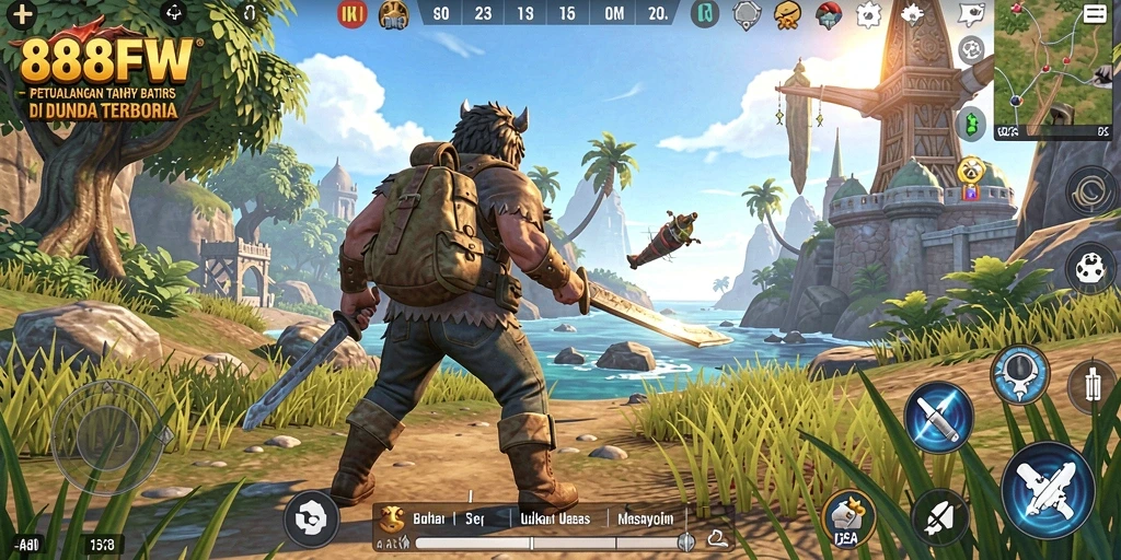 Screenshot menampilkan karakter menjelajahi dunia Open World yang luas.