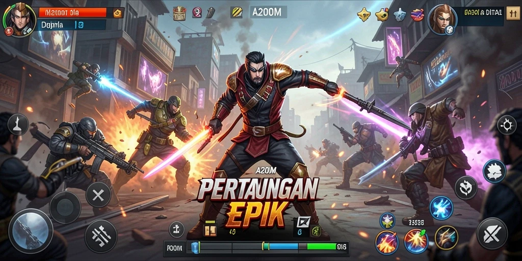 Tampilan gameplay A200M yang intens dengan karakter bertarung di arena.