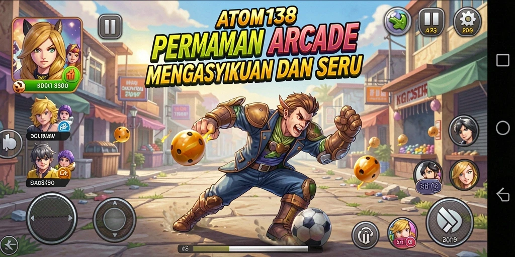 Screenshot utama ATOM138 menampilkan aksi gameplay Arcade yang seru dan penuh warna.
