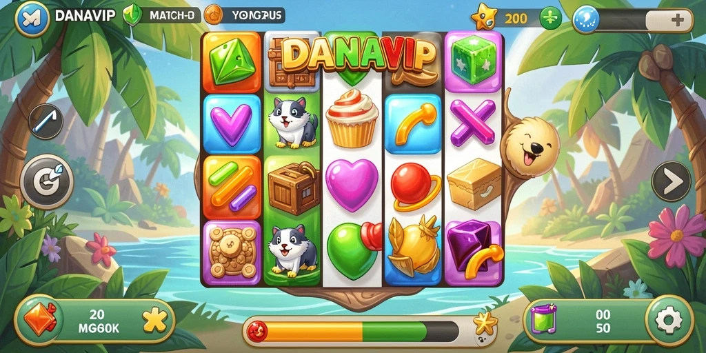 Screenshot gameplay <strong>DANAVIP</strong> yang menunjukkan kombinasi seru dalam permainan Match-3.