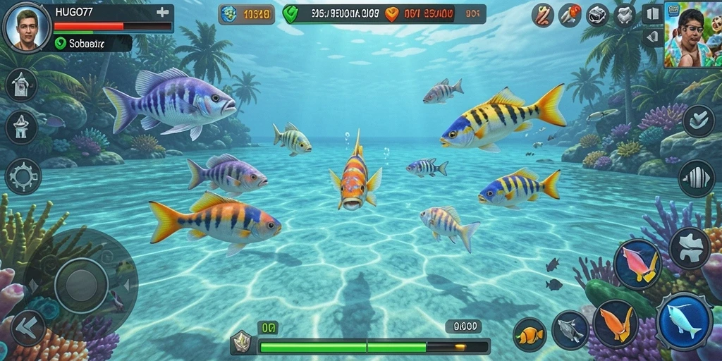 Screenshot HUGO77 menampilkan gameplay seru dengan berbagai ikan yang menunggu untuk ditangkap.