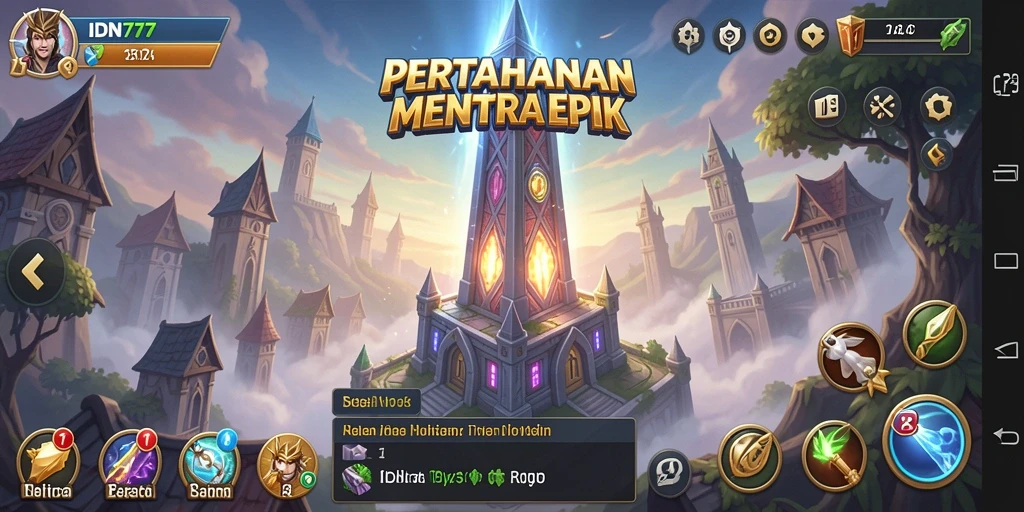 Screenshot gameplay IDN777 dengan menara bertahan dari serangan musuh.