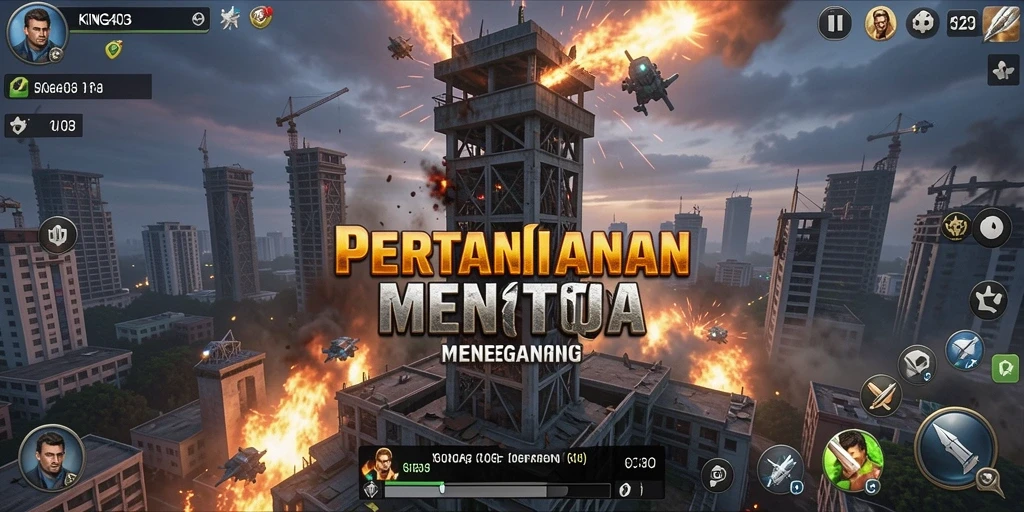 Screenshot KING403 menampilkan aksi seru dalam mempertahankan menara.
