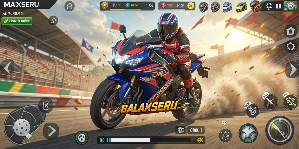 Screenshot gameplay MAXSERU menunjukkan balapan motor yang penuh aksi dan grafis menakjubkan.