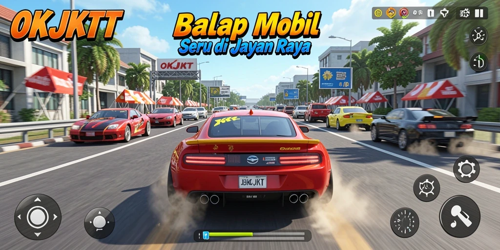 Screenshot utama gameplay OKJKT menunjukkan aksi balap yang mendebarkan dan mobil yang beragam.