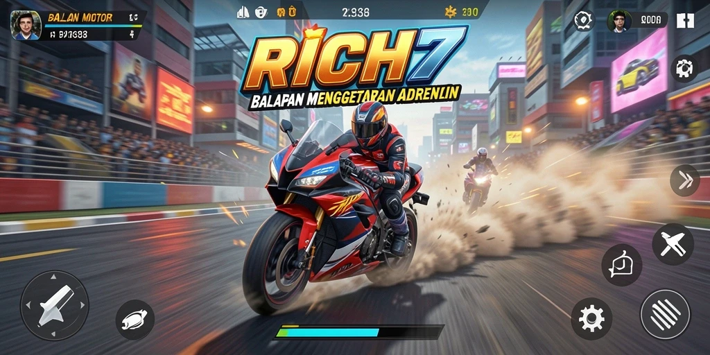 Gameplay RICH7 yang menegangkan dalam balapan motor.