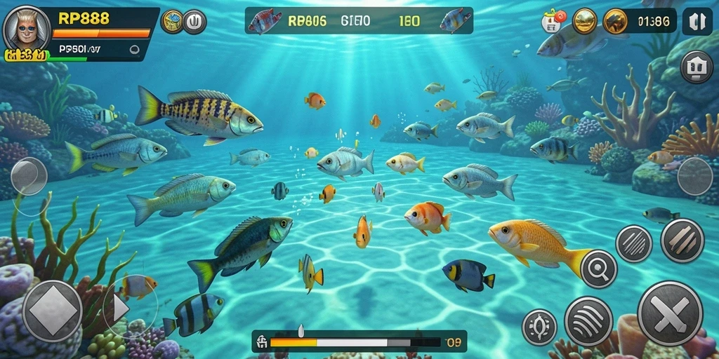 Screenshot menunjukkan gameplay seru menangkap ikan di RP888.