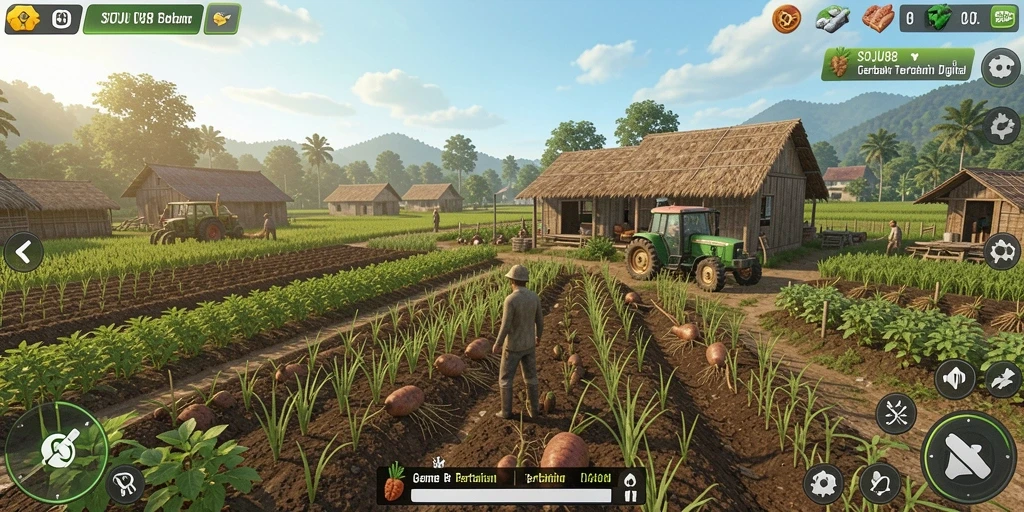 Tampilan menarik dari gameplay pertanian di SOJU88 yang menampilkan ladang dan hasil panen.