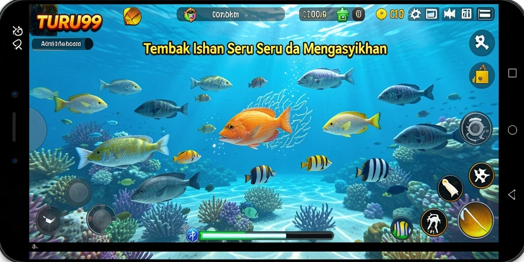Screenshot TURU99 menampilkan gameplay seru saat menangkap ikan di lautan.